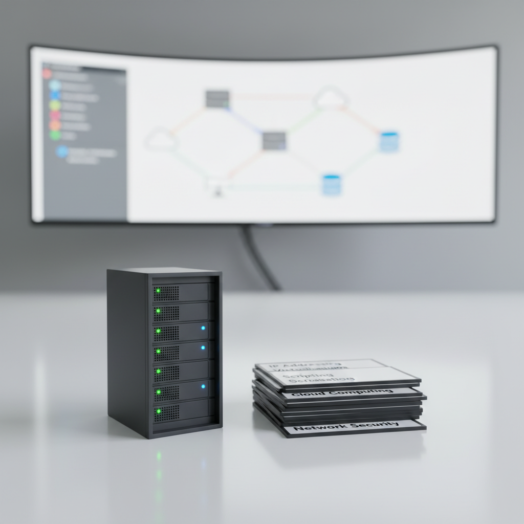 A close-up of a dark graphite server rack model on a clean white tabletop, its tiny LED indicators softly glowing green and blue to symbolize active systems. Next to it rests a meticulously arranged set of glossy laminated flashcards labeled with key IT concepts like “IP Addressing,” “Virtualization,” and “Scripting,” their edges precisely aligned. In the blurred background, a wall-mounted ultra-wide monitor displays a simple, colorful network diagram connecting icons of servers, clouds, and databases. Cool, even studio lighting falls from above and slightly to the right, producing defined but gentle shadows and subtle reflections on the server’s metal finish. Captured with shallow depth of field and photographic realism, the atmosphere feels technical yet approachable, ideal for foundational IT training content.
