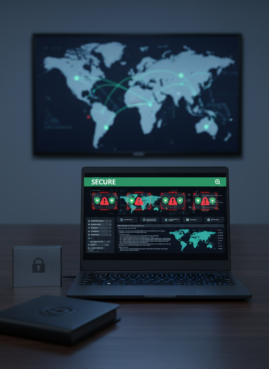 A detailed cybersecurity training scene with a slim, matte-black laptop open on a dark wood desk, its screen showing a stylized but realistic security dashboard with threat alerts, shield icons, and a green “Secure” status banner. Adjacent to the laptop sits a brushed metal external drive and a locked black password journal with an embossed padlock symbol on the cover. In the softly blurred background, a large wall display presents a world map overlaid with faint, glowing network lines and nodes. The room is lit by cool-toned, low-key lighting with a subtle blue hue, highlighting the laptop keyboard and casting gentle reflections on the desk surface. Photographic realism with a centered, eye-level composition creates a serious yet empowering atmosphere, ideal for advanced, job-ready IT security training.