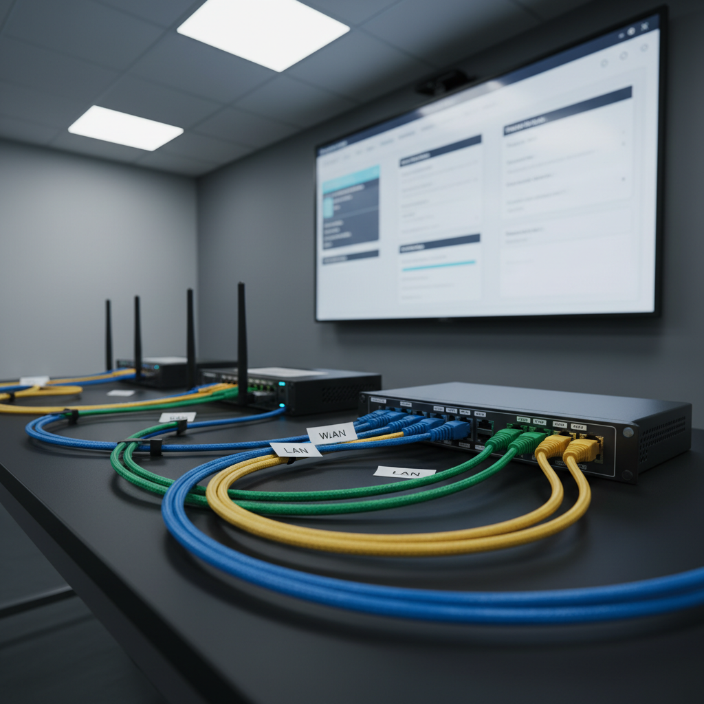 A modern, compact networking lab bench featuring a neatly wired training router, a small switch, and labeled Ethernet cables arranged in precise, color-coded curves across a matte black surface. Each port label is crisp and legible, and small adhesive tags mark “WAN,” “LAN,” and “VLAN” segments. Behind the hardware, a large, wall-mounted display shows a simplified configuration interface with logical, step-by-step settings highlighted in a soft blue accent. Cool white overhead LED lighting casts clean, controlled shadows, emphasizing the textures of plastic ports and braided cable sheaths without harsh glare. Photographic realism from a low, three-quarter angle creates depth and professionalism, projecting a hands-on, lab-focused IT skills training environment that feels organized and job-oriented.