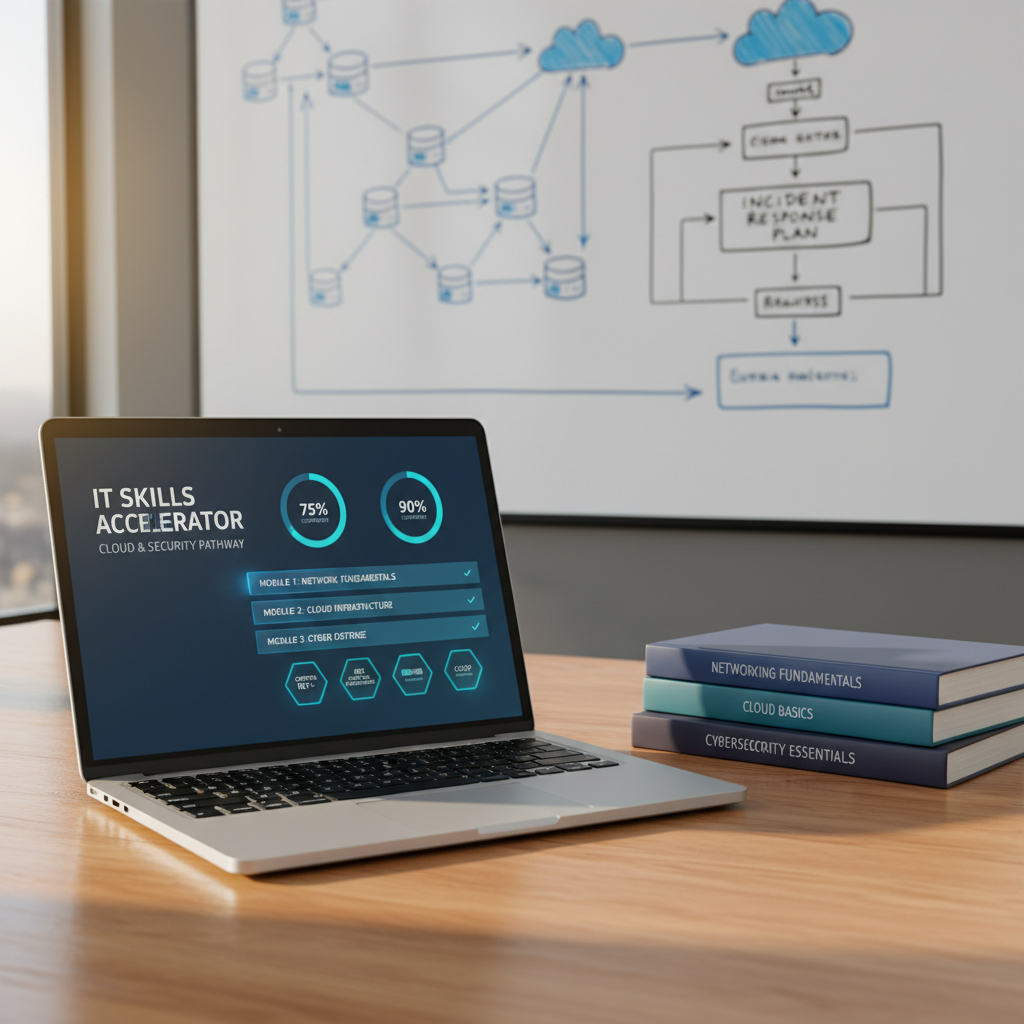 An open laptop on a smooth oak desk displays a detailed IT course dashboard, with progress bars, module tiles, and certification badges glowing in subtle accent colors of blue and teal. Beside it lies a neatly stacked set of reference textbooks with matte covers labeled “Networking Fundamentals,” “Cloud Basics,” and “Cybersecurity Essentials,” their spines aligned perfectly. A large wall-mounted whiteboard stands in the background, filled with neatly drawn network topologies and flowcharts, softly out of focus. Late afternoon natural light streams in from the left, casting warm highlights along the laptop’s brushed metal surface and creating gentle, elongated shadows. Shot from a slightly elevated angle in photographic realism, the mood is structured, methodical, and encouraging, emphasizing step-by-step IT skill-building.