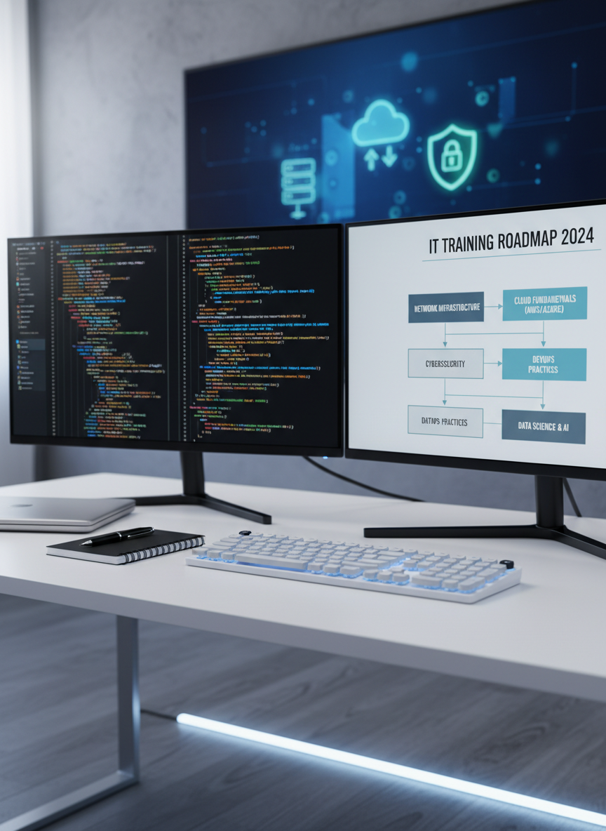 A sleek dual-monitor workstation displaying colorful lines of code on one screen and a structured IT training roadmap on the other, both rendered with crisp clarity. The setup rests on a clean, matte white desk with a minimalist mechanical keyboard, a closed silver laptop, and a neatly organized notepad with a fine-tip pen. Behind the screens, a subtle blurred background reveals floating icons of networking, cloud computing, and cybersecurity diagrams on a large wall-mounted digital panel. Soft, diffused daylight from an unseen window wraps the scene, complemented by cool white LED strip lighting under the desk, creating gentle reflections on the monitor bezels. Photographic realism at eye level, with a shallow depth of field, conveys a professional, focused, and aspirational learning environment.